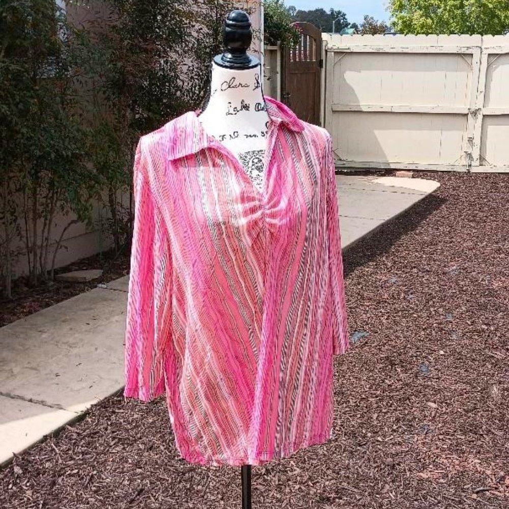 Avenue Pink Striped Tunic 18 20 Ruched Ribbed Dress Top Shirt 1X Plus Peasant